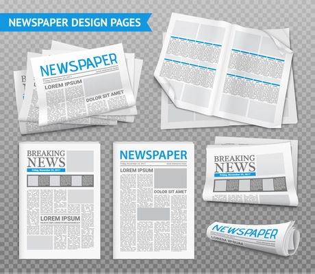 Set of newspaper design pages with breaking news on transparent background isolated realistic vector illustration