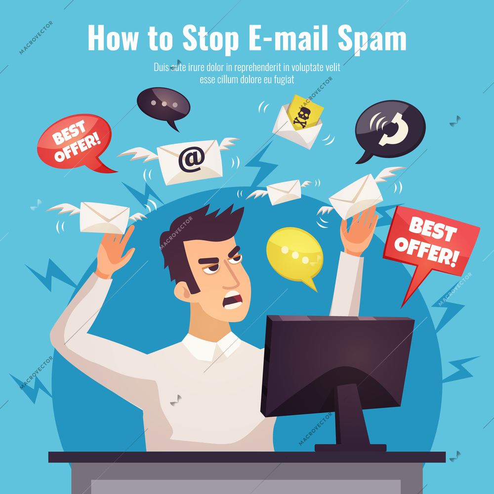 Stop spam ad poster with winged envelopes around angry human with computer on blue background vector illustration