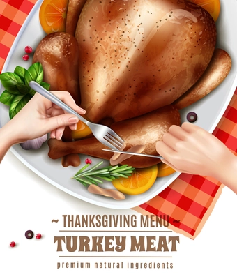 Colored realistic turkey hands composition with thanksgiving menu premium natural ingredients headline vector illustration