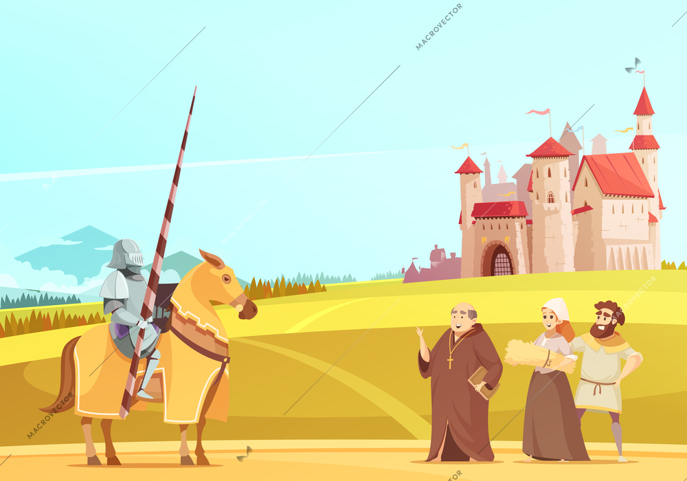 Medieval life scene with horseman in full body armor suit and castle on background cartoon vector illustration