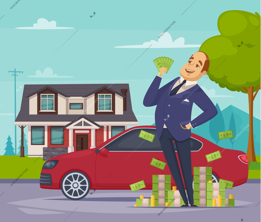 Wealth and prosperity cartoon composition with glad rich businessman standing near heap of money at his car and house background flat vector illustration