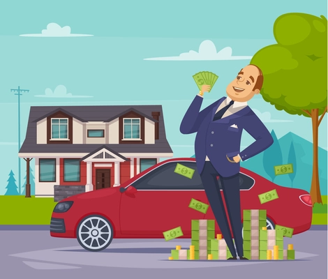 Wealth and prosperity cartoon composition with glad rich businessman standing near heap of money at his car and house background flat vector illustration