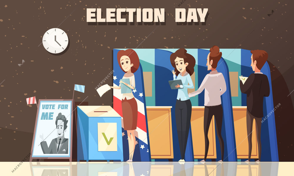 Election day political poster with voters casting ballots at polling place cartoon composition dark background vector illustration