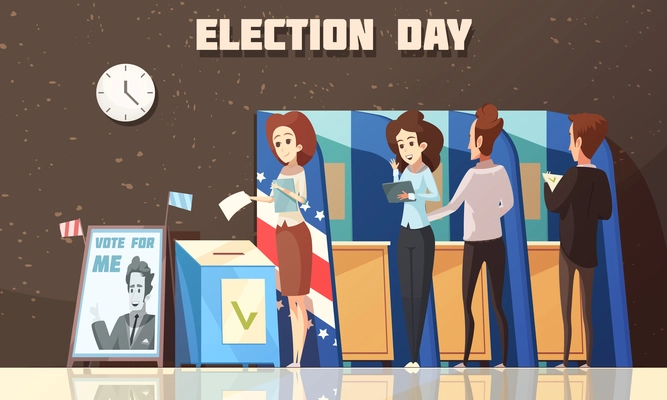 Election day political poster with voters casting ballots at polling place cartoon composition dark background vector illustration