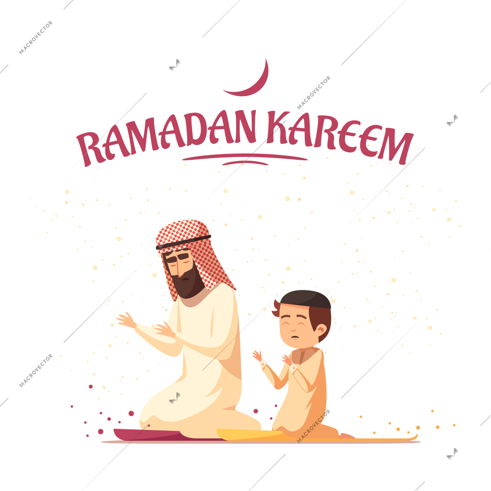 Arab father and son in traditional muslims clothing praying during ramadan kareem holy month celebrations cartoon vector illustration