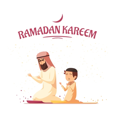 Arab father and son in traditional muslims clothing praying during ramadan kareem holy month celebrations cartoon vector illustration