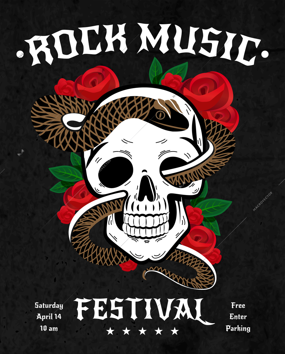 Rock music festival poster with snake in skull, red roses with leaves on black background vector illustration