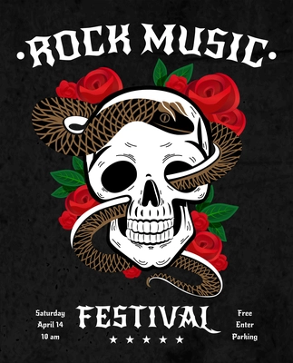 Rock music festival poster with snake in skull, red roses with leaves on black background vector illustration