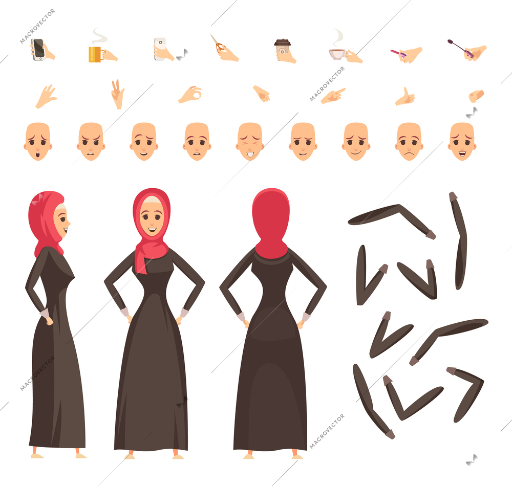Arab woman in traditional moslim long black robe and red  headscarf with accessories constructor set vector illustration
