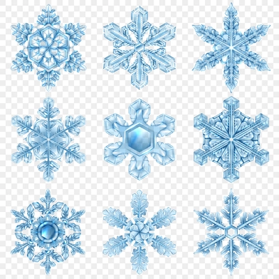 Nine light blue realistic snowflake icon set with different shapes and styles vector illustration