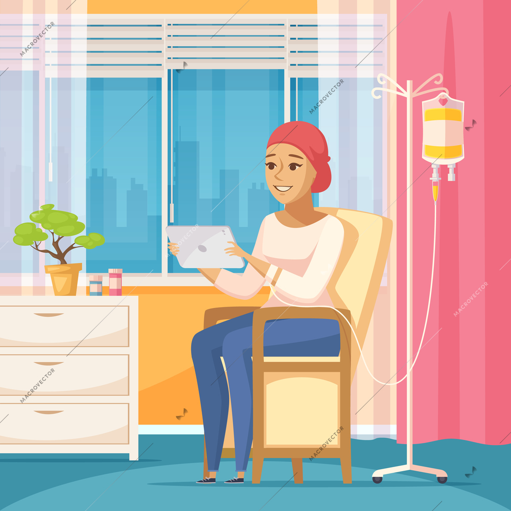 Oncology patient flat composition with young woman with intravenous dropper in hospital ward vector illustration