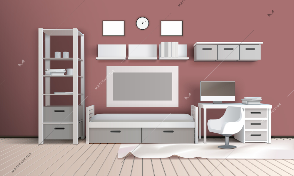 Private room realistic 3d interior with modern tv set shelves clock desktop computer and chair vector illustration