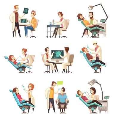 Set of nine isolated cartoon dentistry scenes  with patient in medical armchair and working dentist flat vector illustration