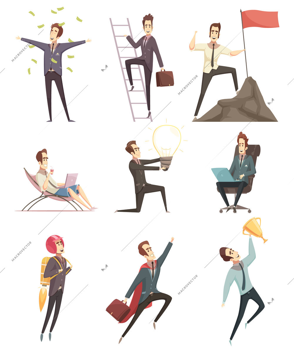 Business success retro cartoon icons collection with businessman winner in money rain moving upwards isolated vector illustration