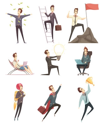 Business success retro cartoon icons collection with businessman winner in money rain moving upwards isolated vector illustration