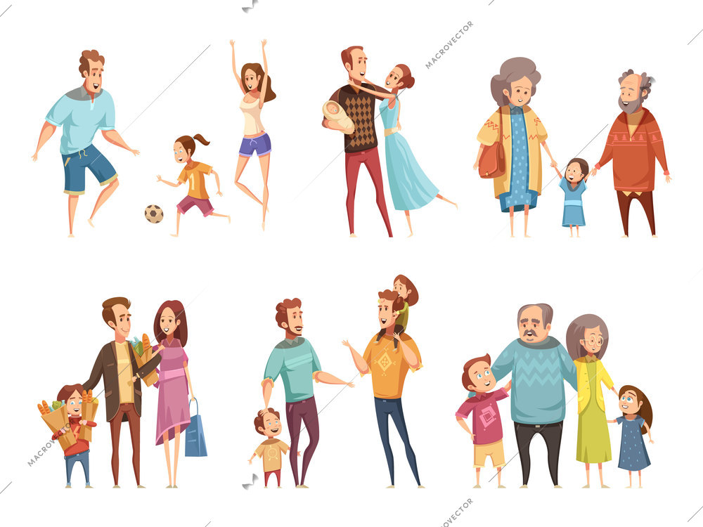 Family cartoon set with parents grandparents and children isolated vector illustration