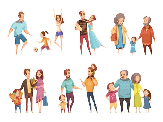 Family cartoon set with parents grandparents and children isolated vector illustration