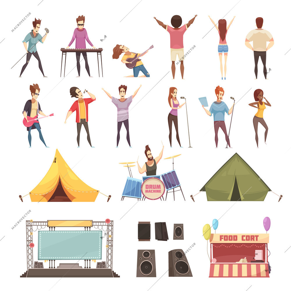 Open air festival retro cartoon icons set with singers musical instruments guitarist stage amps isolated vector illustration