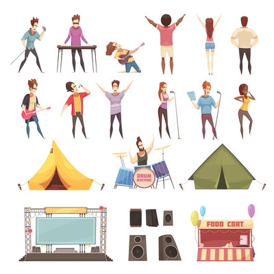 Open air festival retro cartoon icons set with singers musical instruments guitarist stage amps isolated vector illustration