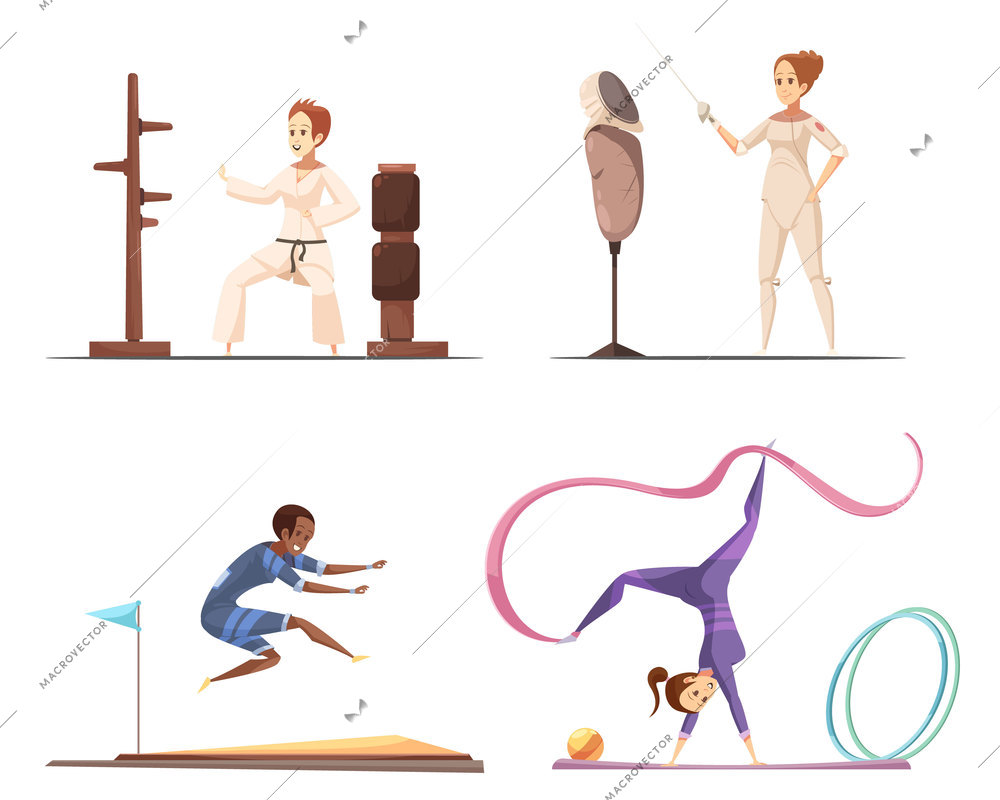 Sportswoman retro catroon set of flat female gymnast characters doing various sports and sporting equipment images vector illustration