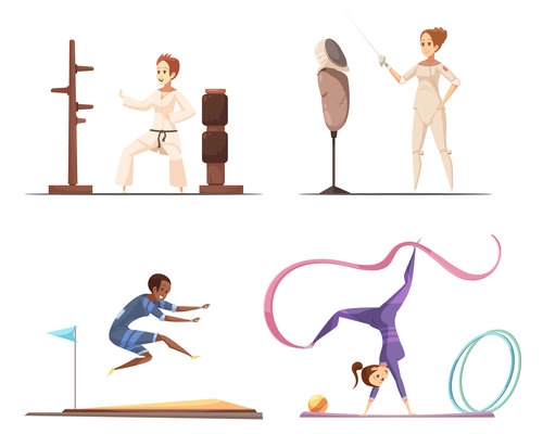 Sportswoman retro catroon set of flat female gymnast characters doing various sports and sporting equipment images vector illustration