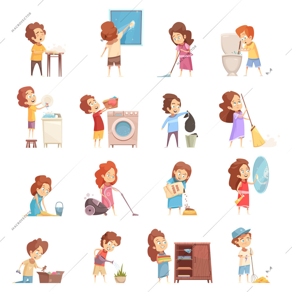 Kids cleaning retro cartoon icons set with children vacuum sweeping washing dishes feeding pets isolated vector illustration