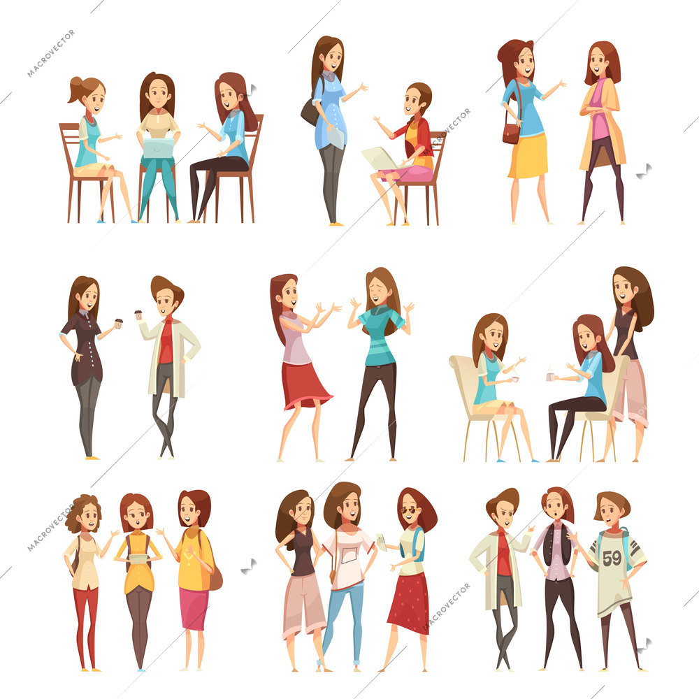 Teenage girls groups talking and communicating with electronic smartphone devices retro cartoon icons collection isolated vector illustration