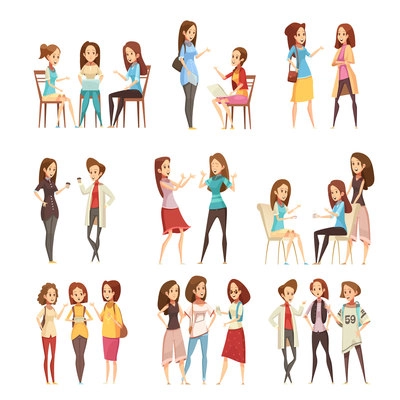 Teenage girls groups talking and communicating with electronic smartphone devices retro cartoon icons collection isolated vector illustration