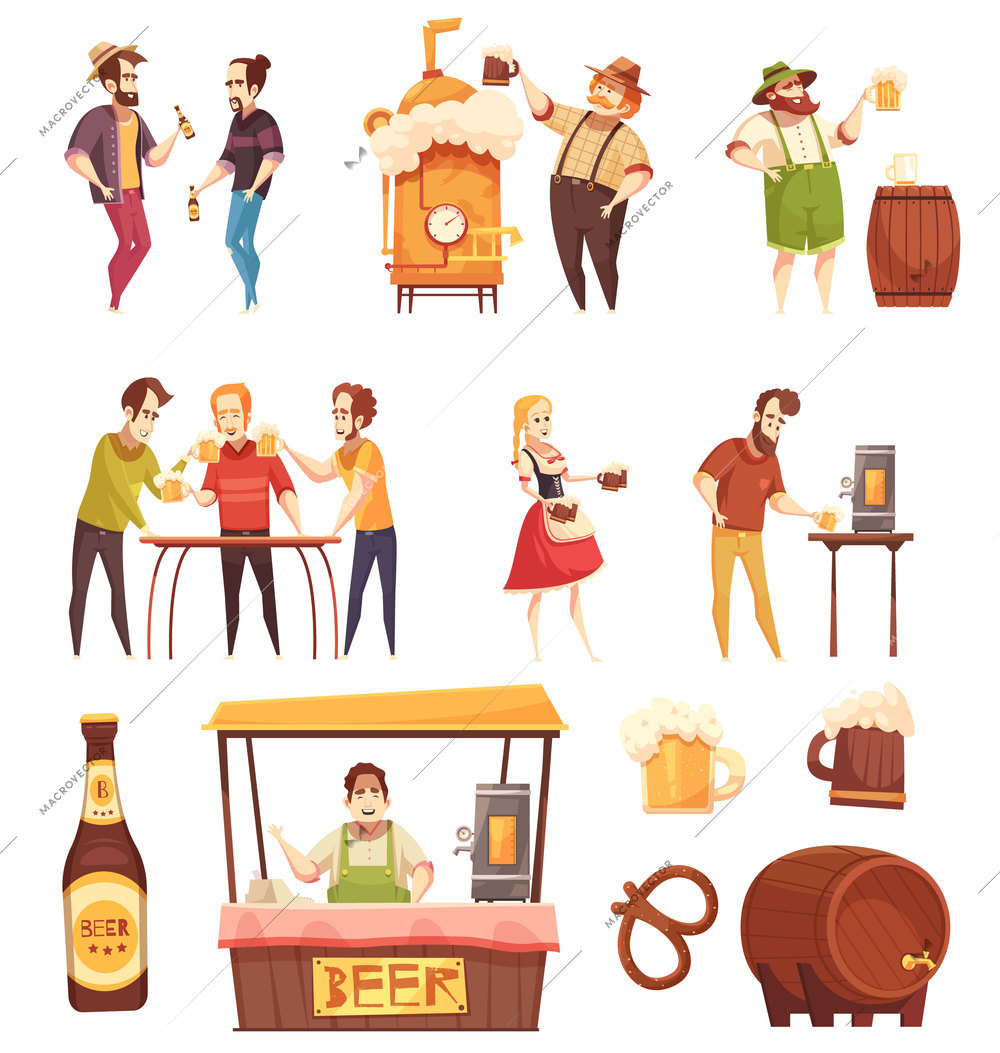 Set of isolated decorative icons on beer  theme with people drinking beer indoors and outdoors alone and in company of friends flat vector illustration