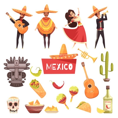 Mexico decorative icons set of cactus maracas tequila mexican musicians with guitars in poncho and sombrero flat vector illustration