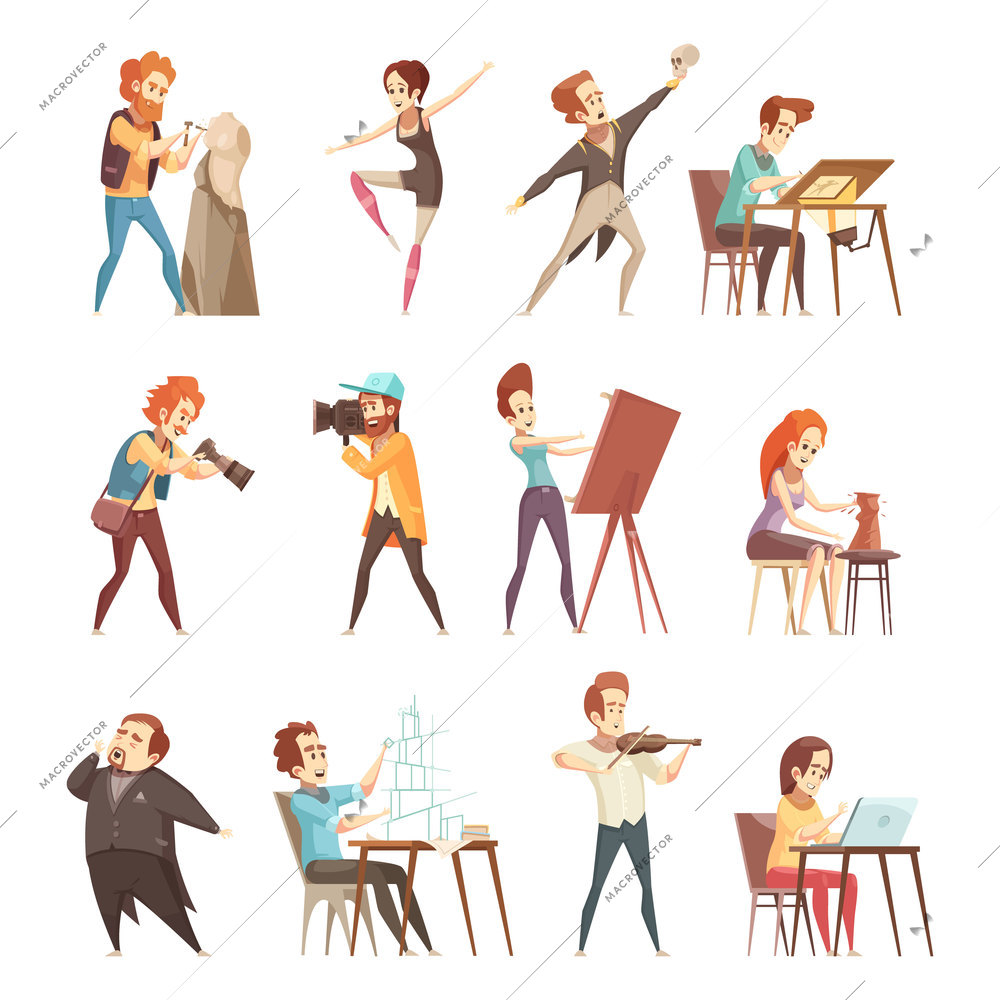 Creative professions people retro cartoon icons set with artist designer sculptor photographer actor dancer isolated vector illustrations