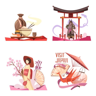 Visit japan retro cartoon compositions with drink and food religion and history traditional souvenirs isolated vector illustration