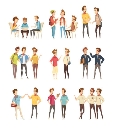 Teenage boys groups talking and communicating with electronic smartphone devices retro cartoon icons collection isolated vector illustration