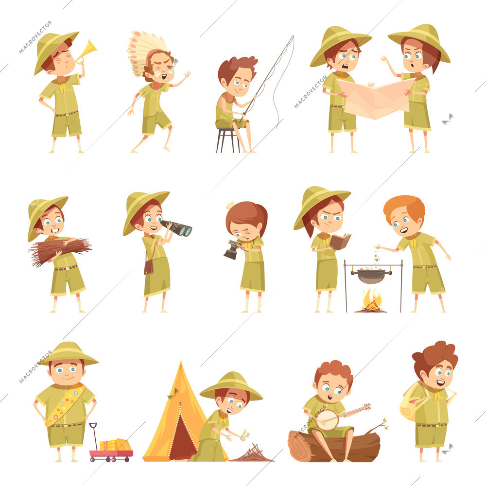 Boy scout fishing campfire cooking playing guitar in front of tent retro cartoon icons collection isolated vector illustration