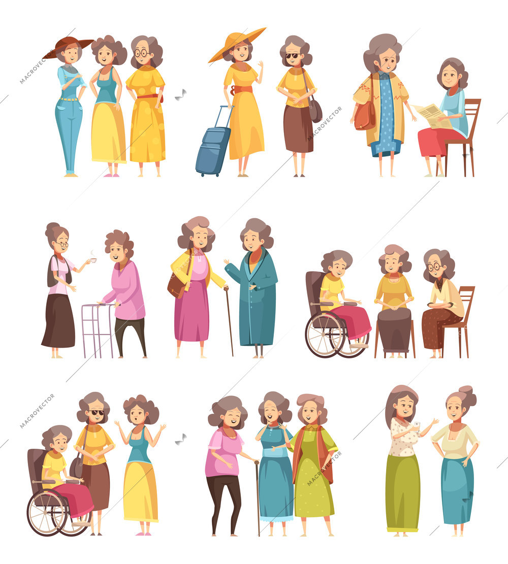 Senior women groups retro cartoon icons collection with cane walker in wheelchairand and with trolley vector illustration