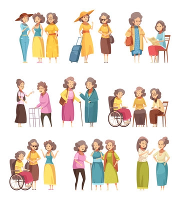 Senior women groups retro cartoon icons collection with cane walker in wheelchairand and with trolley vector illustration