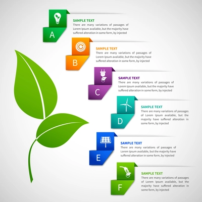 Origami infographics energy elements template with ribbon options and green leaf vector illustration