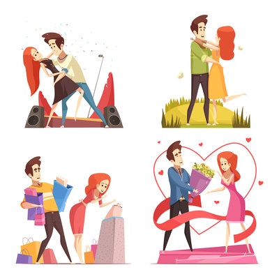 Couple in love 2x2 design concept with happy lovers on date dancing giving gifts and flowers flat vector illustration