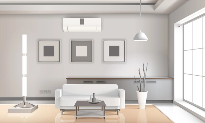 Realistic living room interior in light tones with furniture, lamps, picture frames, beige floor 3d vector illustration