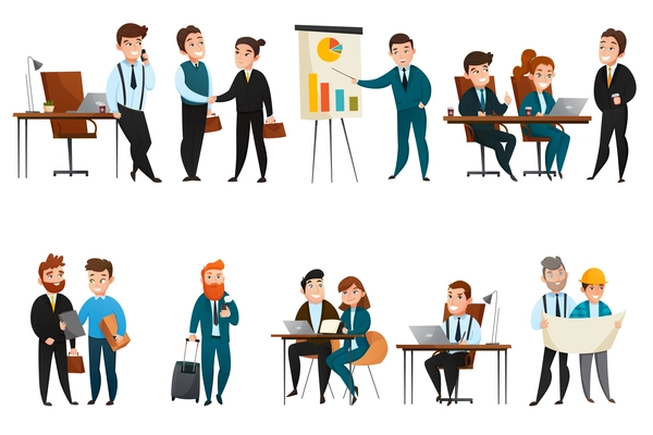 Flat and isolated business people icon set with men and women in office at the work vector illustration