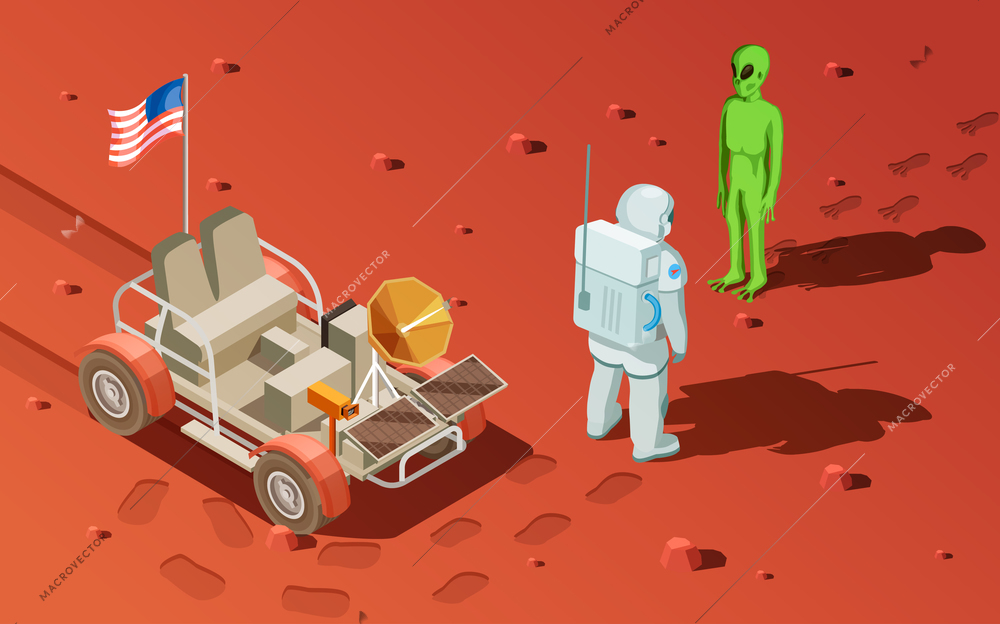 Astronauts space planet exploration isometric composition with martian landscape wheeled rover and spaceman meeting green alien vector illustration