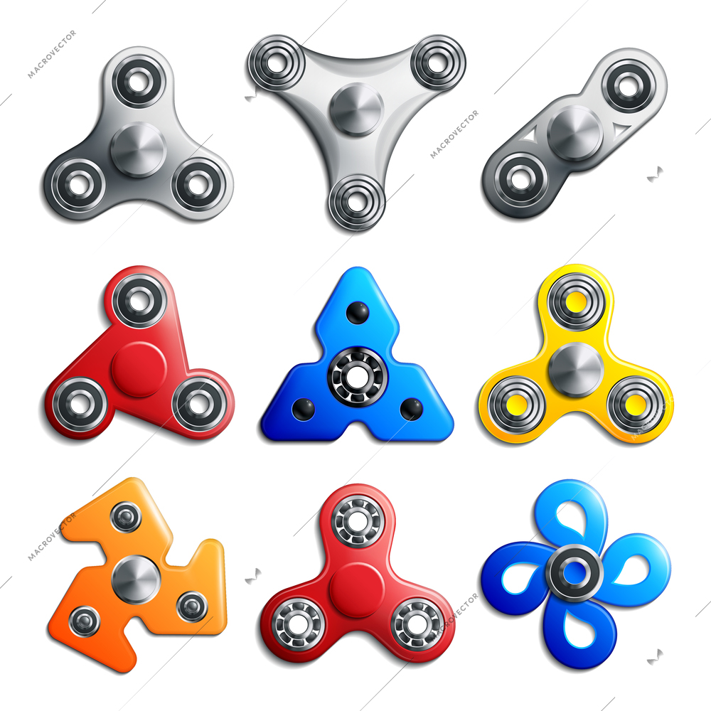 Set of hand spinner toys of various color and shape on white background isolated vector illustration