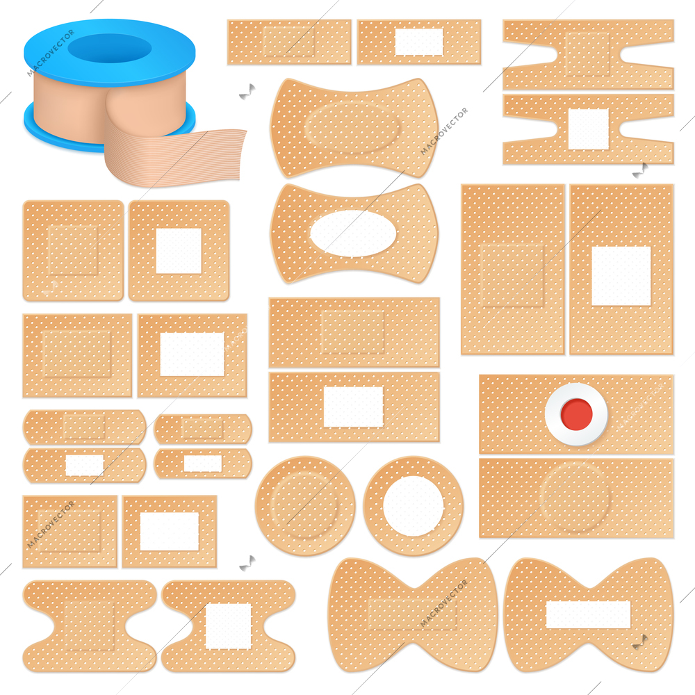Set of realistic adhesive plasters of skin color, various shape outside and inside isolated vector illustration