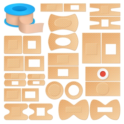 Set of realistic adhesive plasters of skin color, various shape outside and inside isolated vector illustration