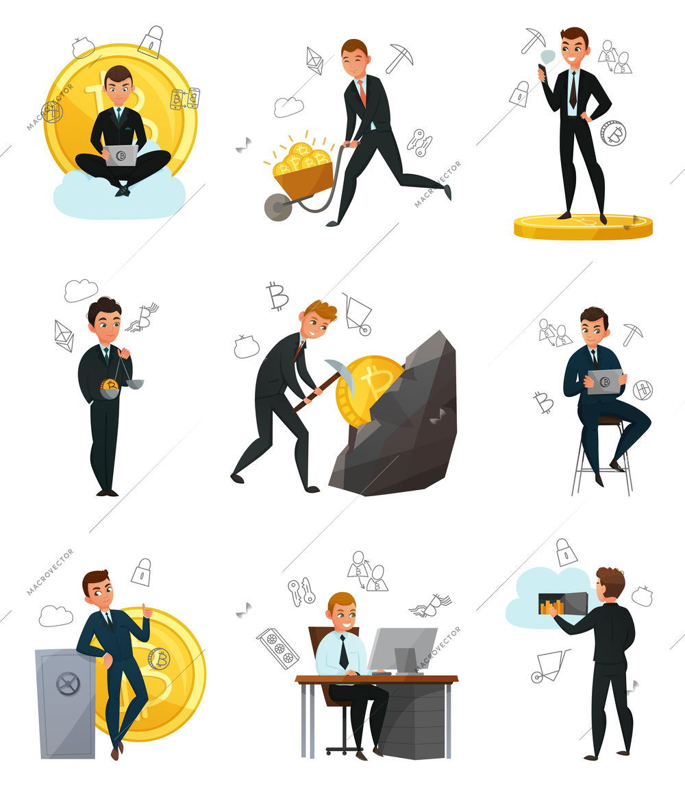 Cryptocurrency and bitcoin mining cartoon set isolated on white background vector illustration