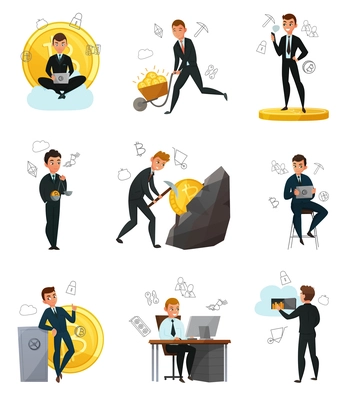 Cryptocurrency and bitcoin mining cartoon set isolated on white background vector illustration