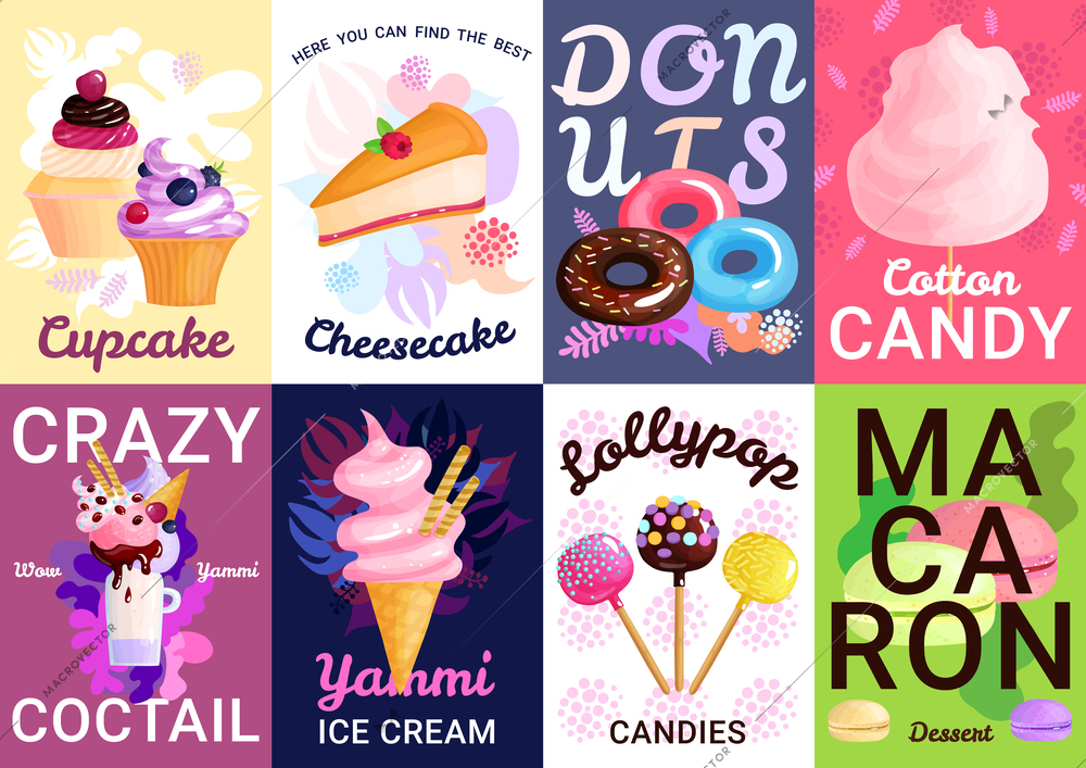 Eight vertical trendy sweets posters banner set with cupcake cheesecake droughts cotton candy crazy cocktails yammi ice cream descriptions vector illustration