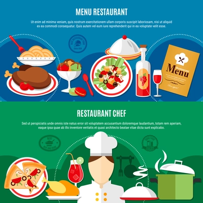 Horizontal banners set with restaurant chef and menu isolated on green and blue background flat vector illustration