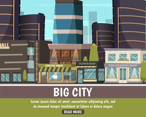 Big city flat urban landscape with modern mall building and different small shops vector illustration