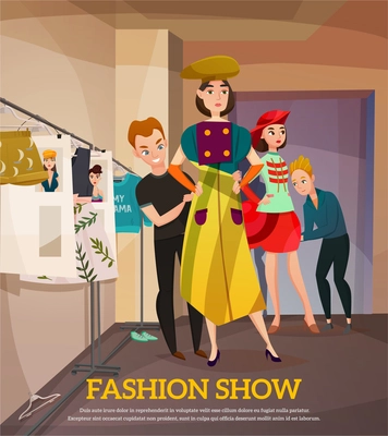 Designer and girls models in colorful apparels with hats in backstage during fashion show vector illustration